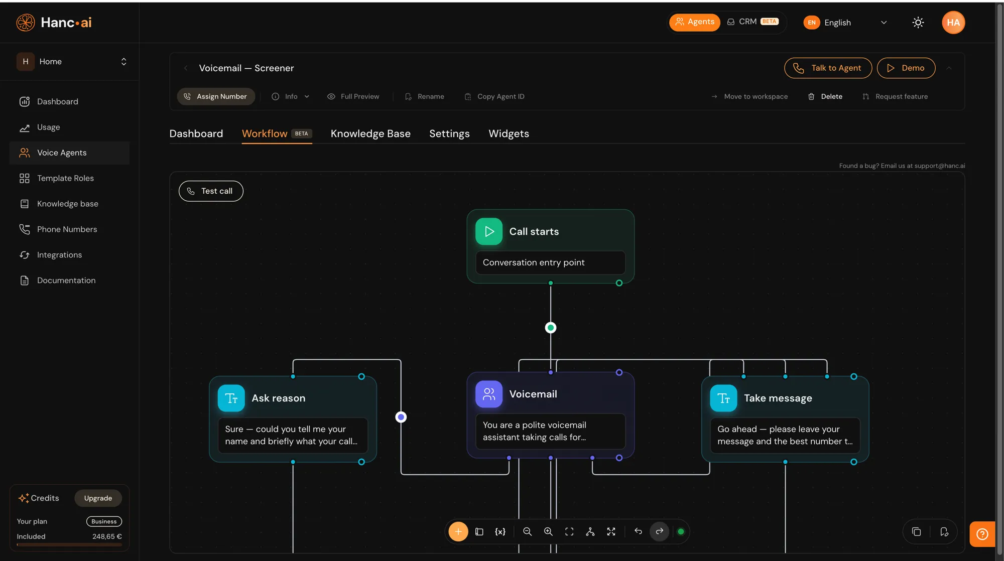 Hanc.ai workflow builder — a visual call flow for a voicemail screener agent (dark theme)