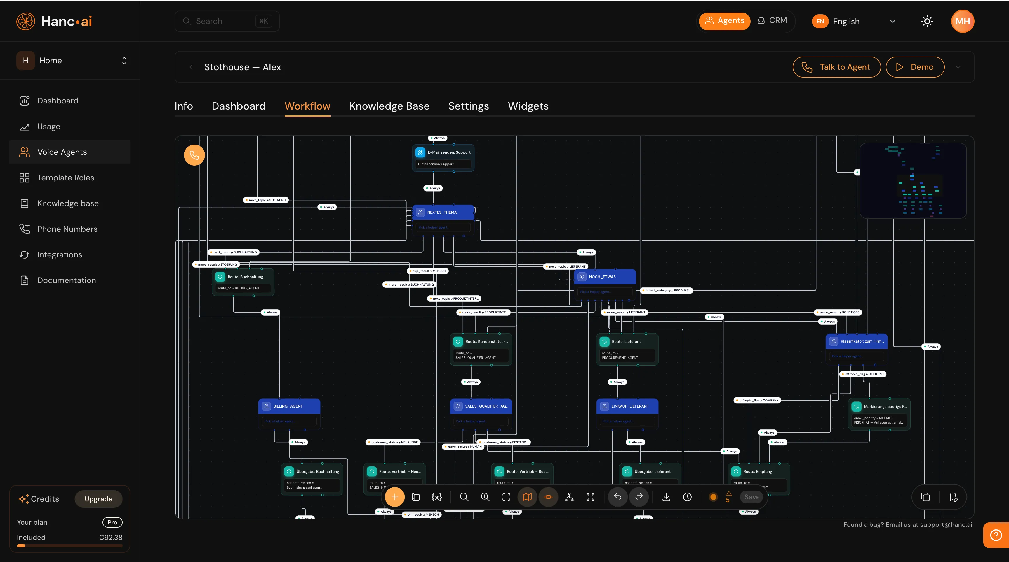 Hanc.ai workflow builder — a visual call flow on the canvas (dark theme)