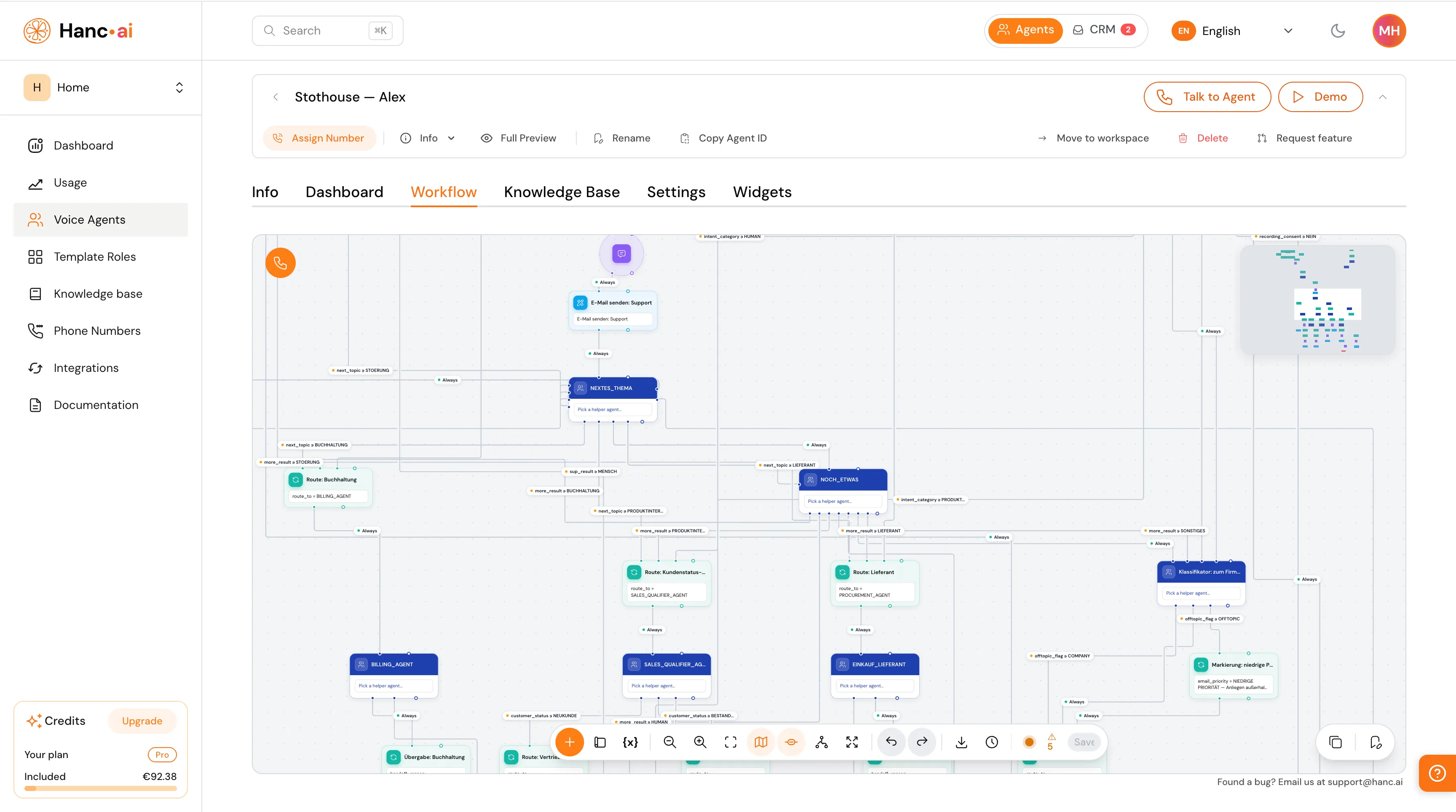 Hanc.ai workflow builder — a visual call flow on the canvas