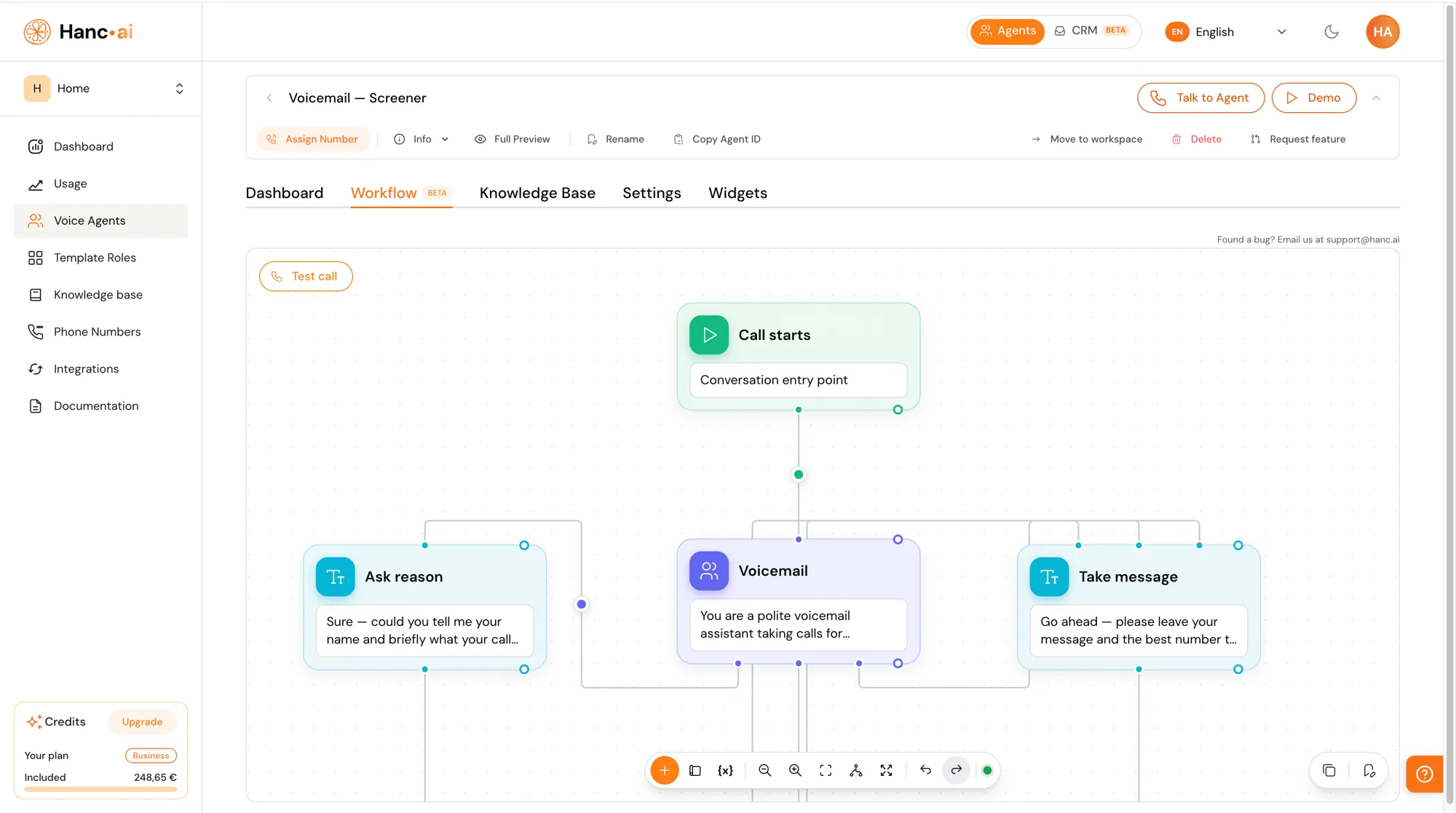 Hanc.ai workflow builder — a visual call flow for a voicemail screener agent