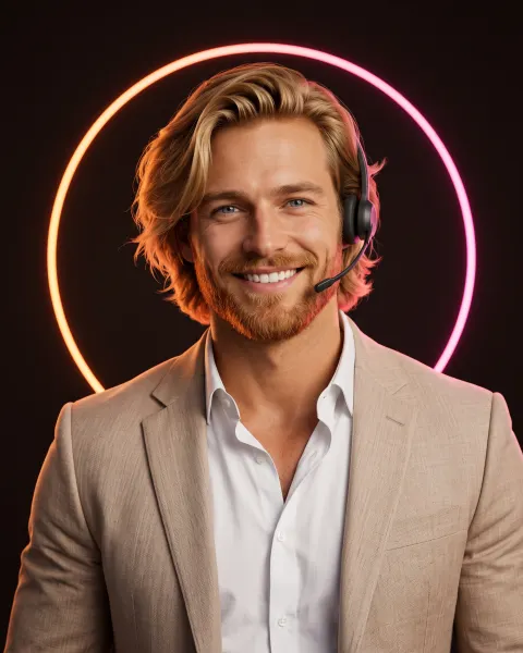 Adam, AI promoter, energetic grin, wearing a headset
