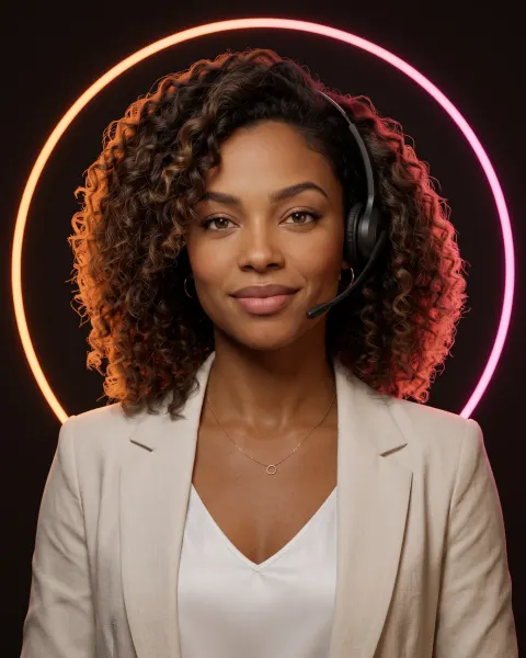 Vera, AI answering service agent, curly-haired woman with a headset, soft smile