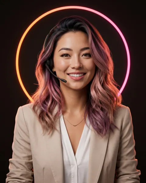Ivy, AI presenter, smiling with pink-ombre wavy hair and a headset