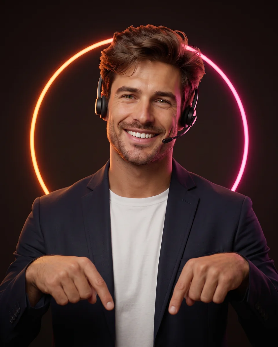 Marcus, AI receptionist, grinning with arms crossed in a navy blazer and headset
