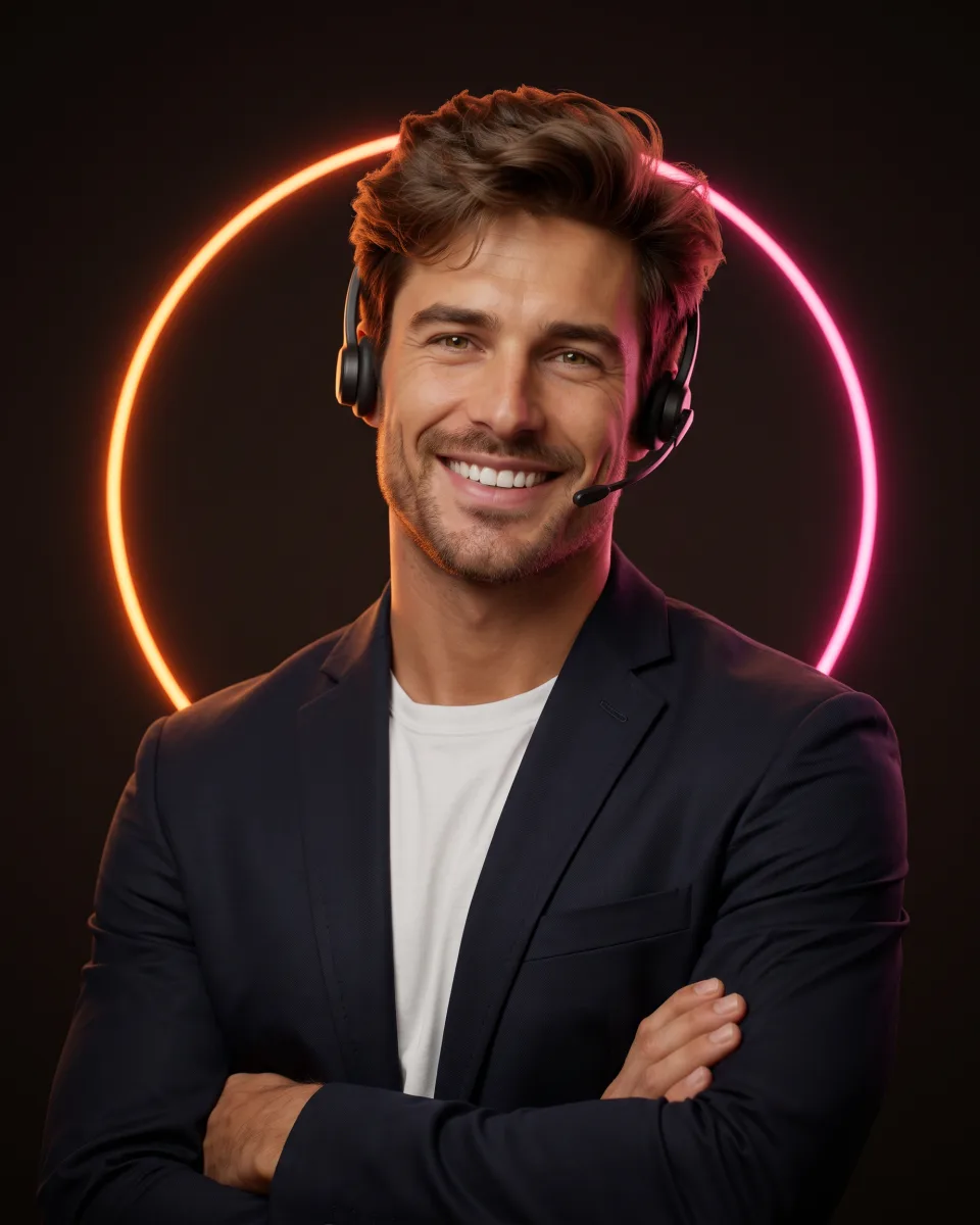 Marcus, AI receptionist, grinning with arms crossed in a navy blazer and headset