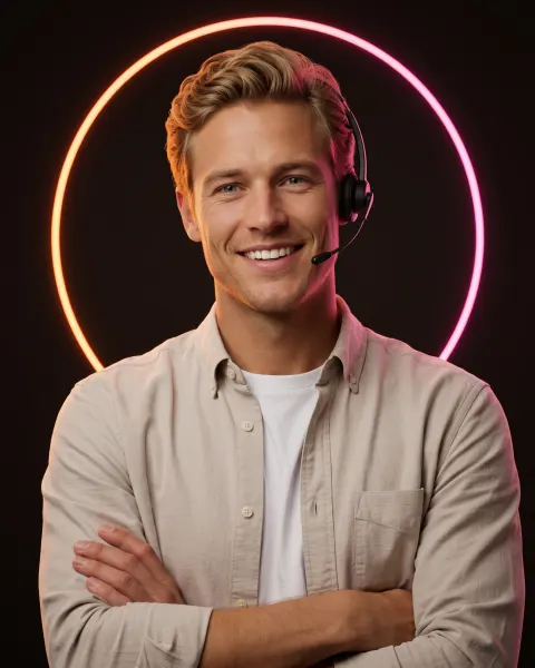 Leo, AI support agent, smiling with arms crossed in a beige shirt and headset