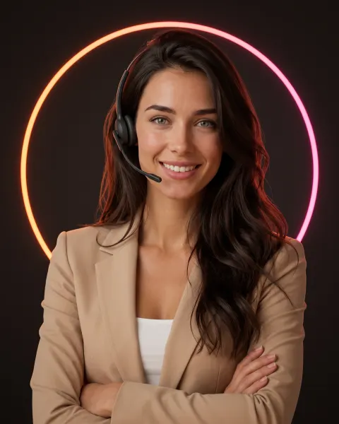 Iris, AI order agent, smiling in a beige blazer and headset before a glowing orange-pink ring