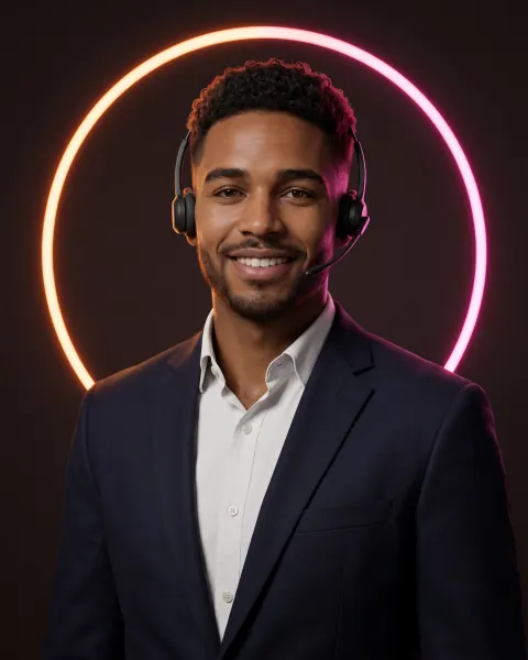 Theo, AI call router, smiling in a navy suit and headset before a glowing orange-pink ring
