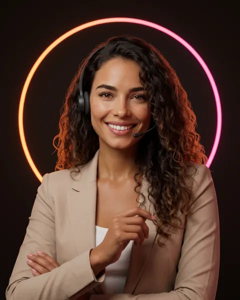 Nora, AI reminder agent, curly-haired and smiling in a beige blazer and headset before a glowing ring