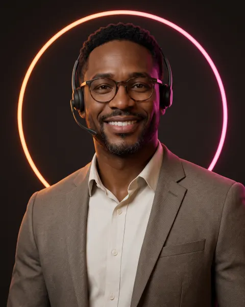 Bruno, AI secretary, smiling in glasses and a headset, grey blazer
