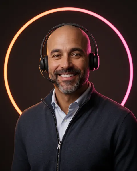 Rafael, AI dispatcher, bald man with a salt-and-pepper beard, smiling, wearing a headset