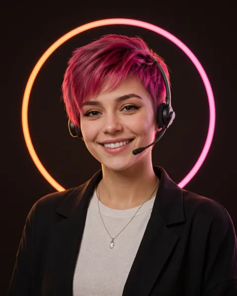 Zoe, AI onboarding agent, pink pixie cut, smiling warmly in a black headset