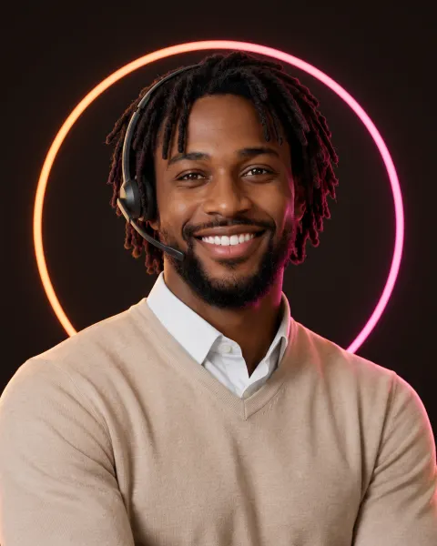 Malik, AI scheduling coordinator with locs and beard, smiling in a black headset