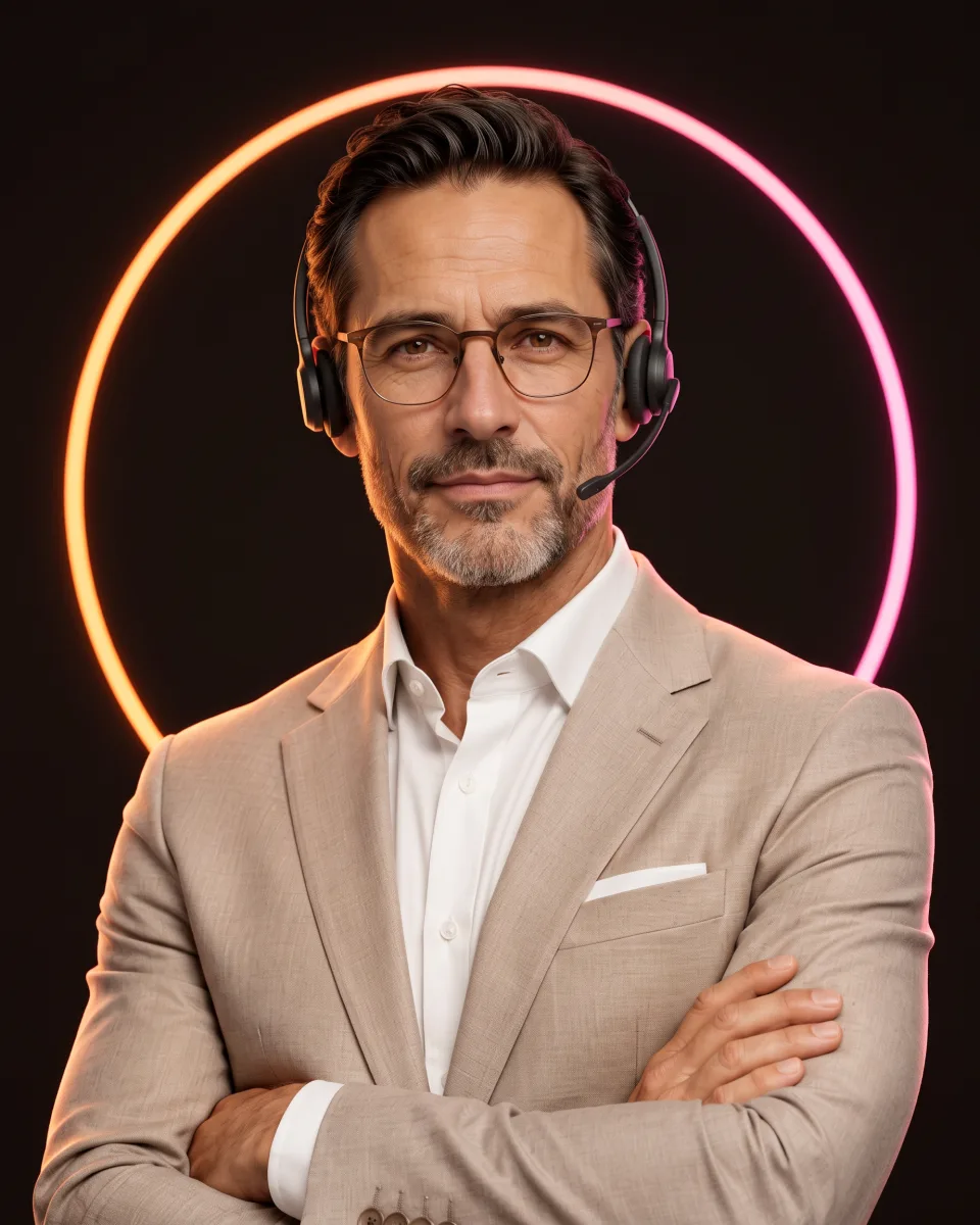 Henrik, AI υπάλληλος ελέγχου προθεσμιών, με γυαλιά και μπεζ λινό σακάκι, σταυρωμένα χέρια, με ακουστικά