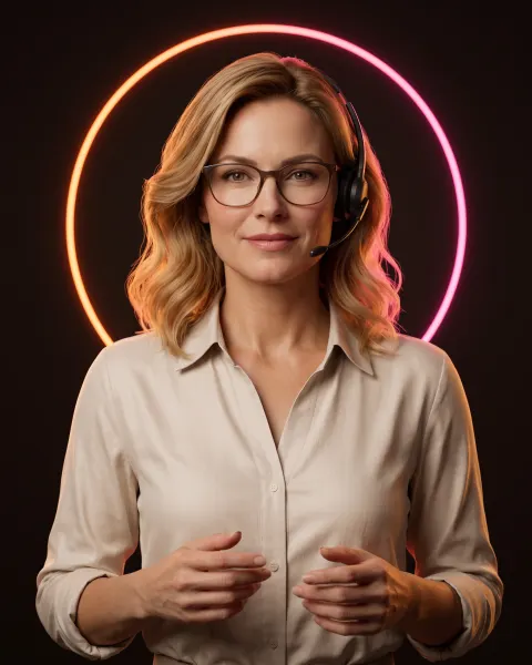 Clara, AI internal helpdesk agent, blonde with glasses, explaining calmly in a headset