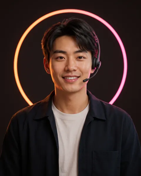 Kai, AI data collector, smiling young man in a navy overshirt wearing a headset