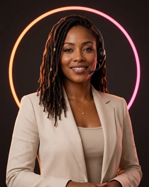Amara, AI procurement agent, smiling woman with locs in a beige blazer wearing a headset