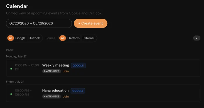 Kalendarz CRM: wydarzenia z Google i Outlook w jednym widoku z filtrami źródeł