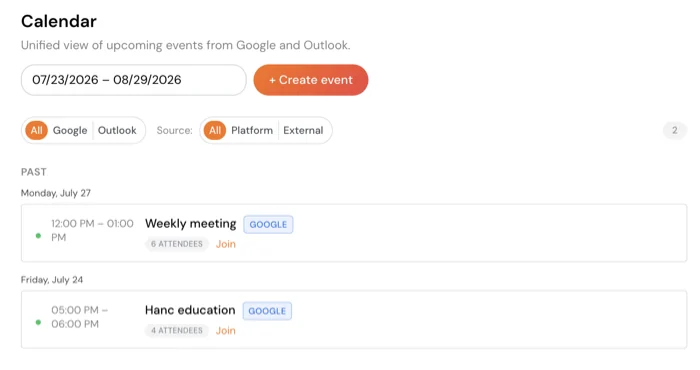 Kalendarz CRM: wydarzenia z Google i Outlook w jednym widoku z filtrami źródeł