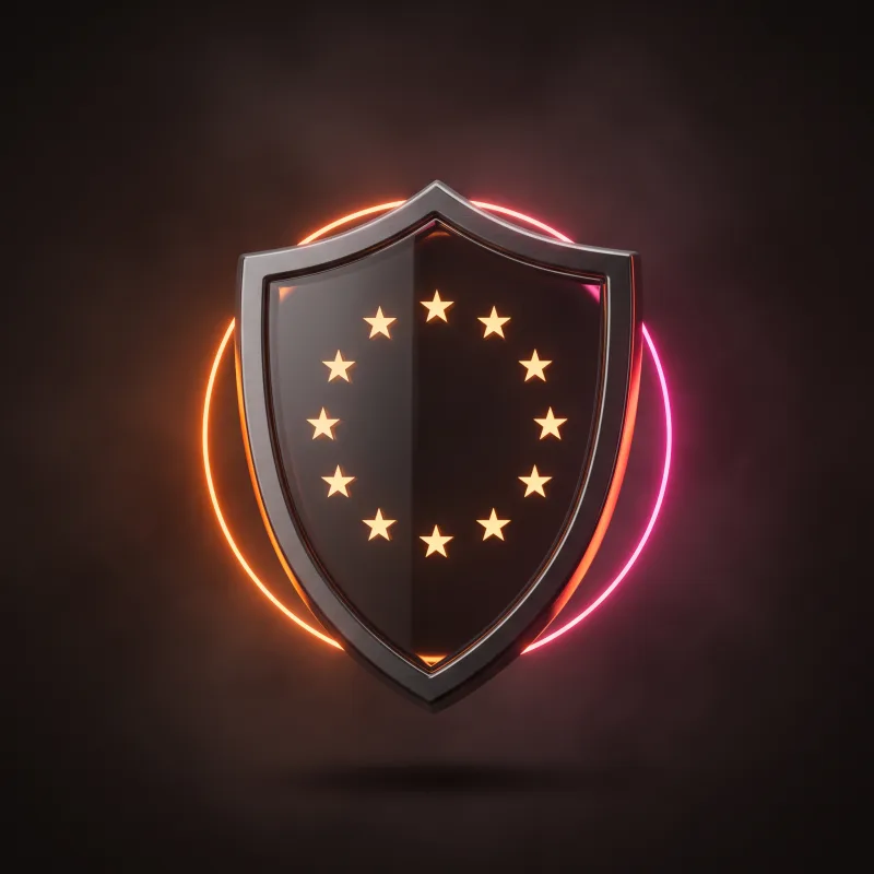 A dark shield with the ring of EU stars, lit in orange and pink