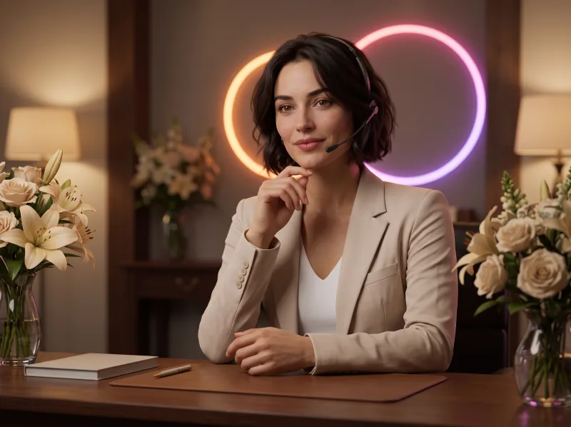 Aria, an AI employee in a headset, takes a call at a quiet funeral home reception with flowers