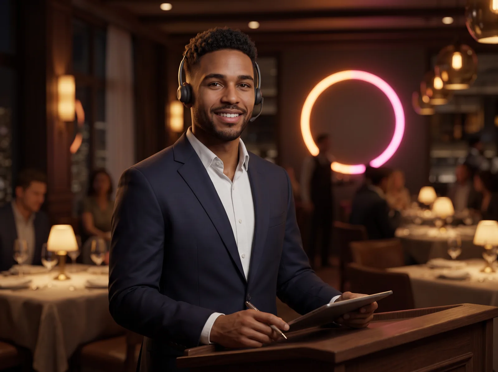 Theo, an AI employee in a headset, takes a call at a restaurant host stand during evening service