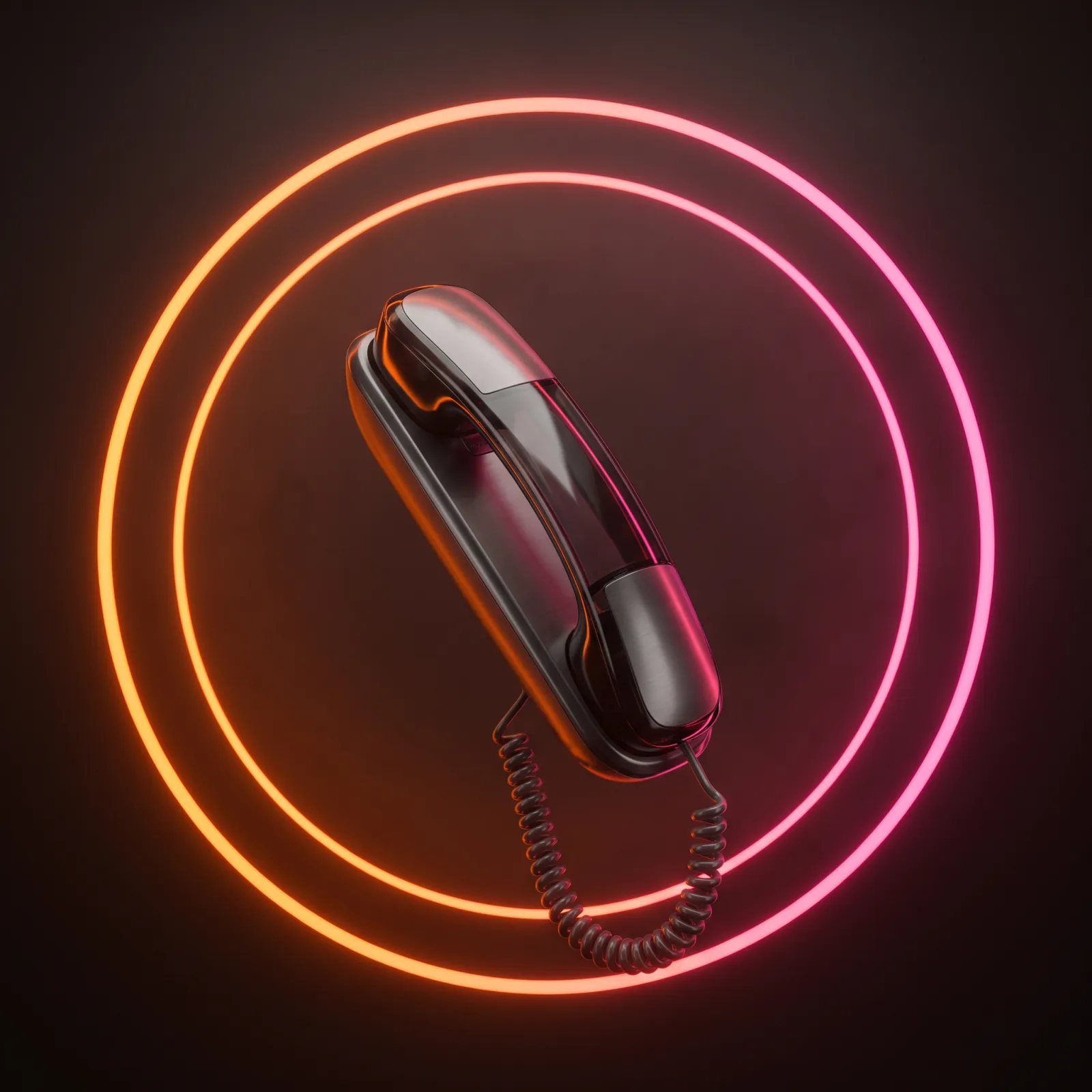 A dark glass desk phone handset floating inside a glowing orange-to-pink ring