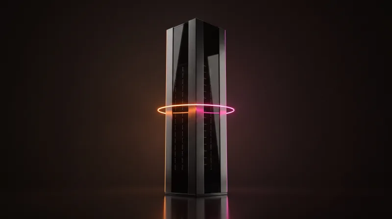 A tall dark glass monolith encircled at mid-height by a thin orange-to-pink ring of light
