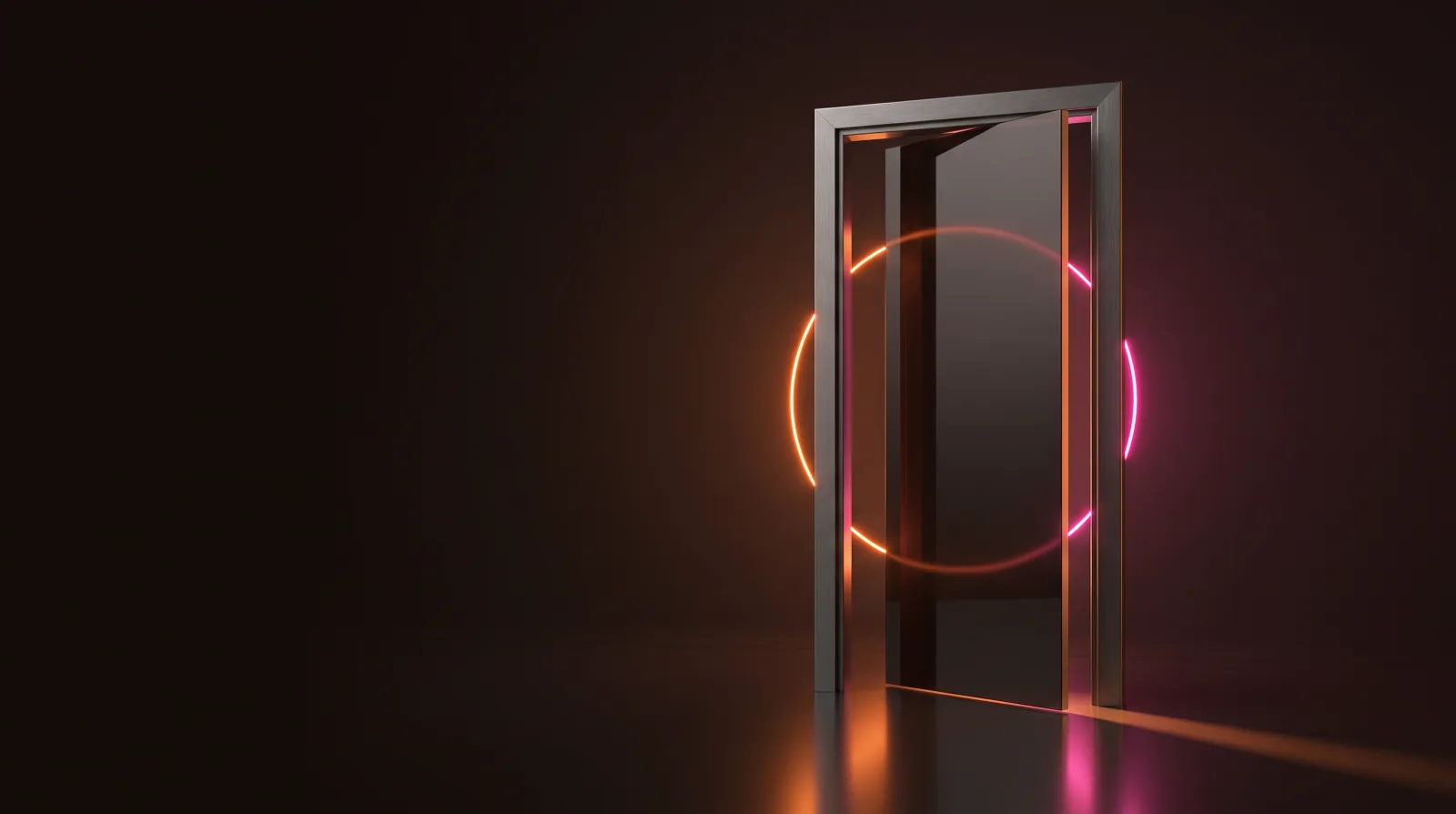 A dark glass door standing open, an orange-to-pink ring of light glowing through it and spilling across the floor