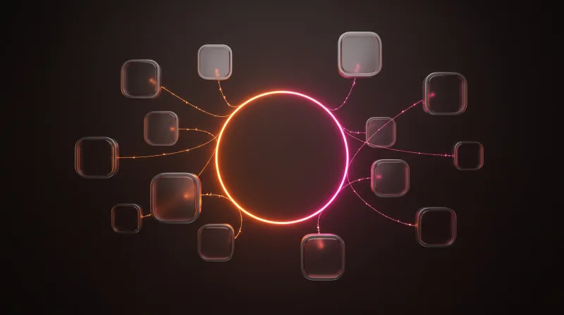 Blank glass app tiles linked by thin threads of light to a glowing orange-to-pink ring