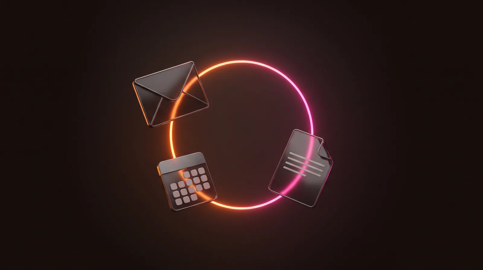 A glass envelope, a calendar tile and a document floating in an arc around a glowing orange-to-pink ring