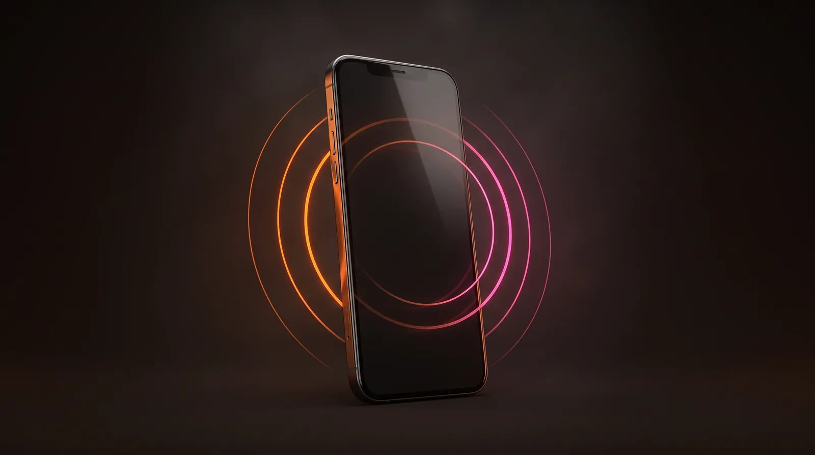 A dark glass smartphone standing on its edge, thin orange-to-pink rings of light rippling out from it like an incoming call