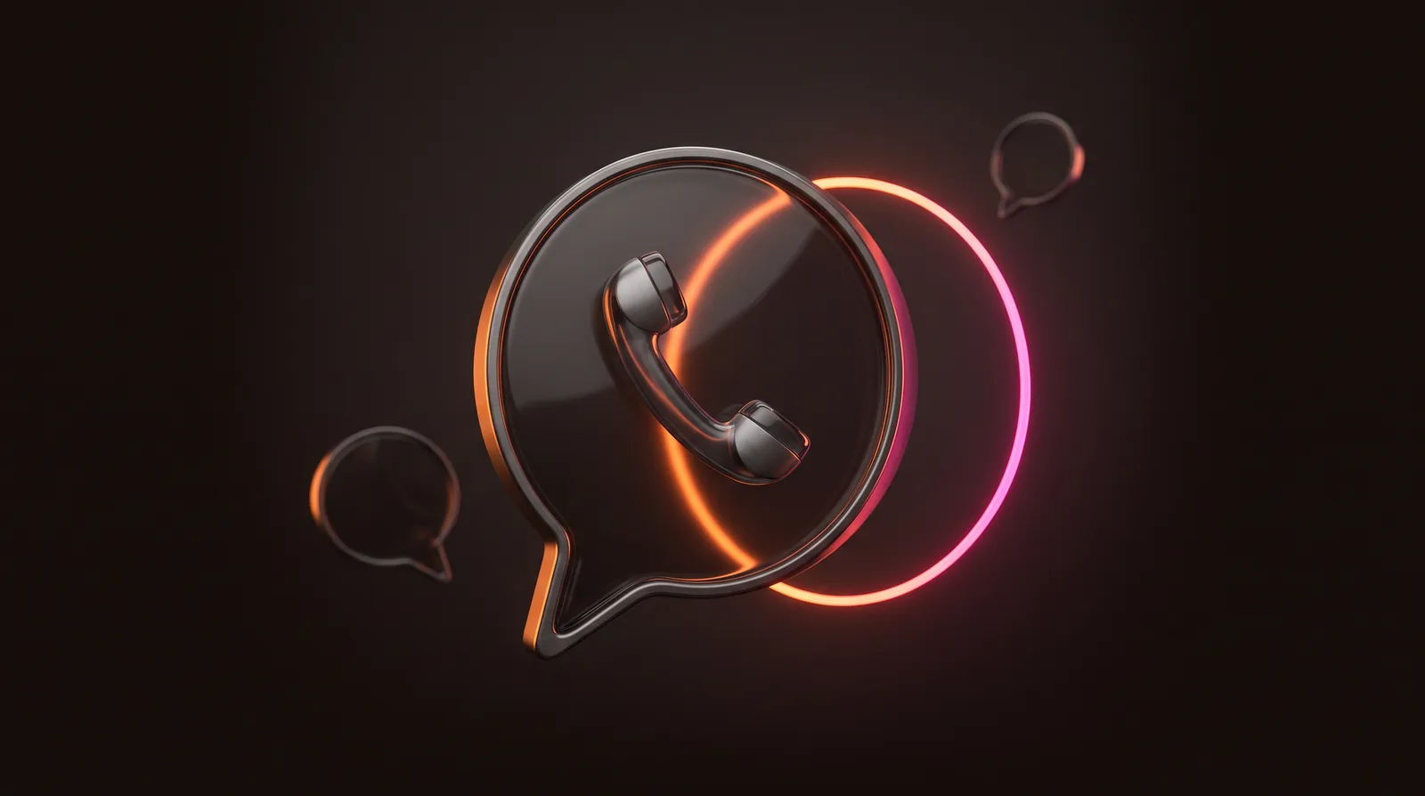 A dark glass speech bubble with a telephone handset inside, an orange-to-pink ring of light glowing behind it
