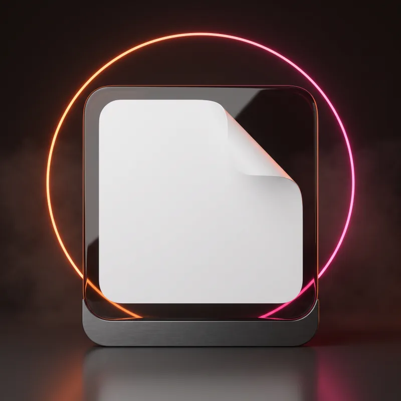 A dark glass device with a blank label peeling off its face, a glowing ring behind it