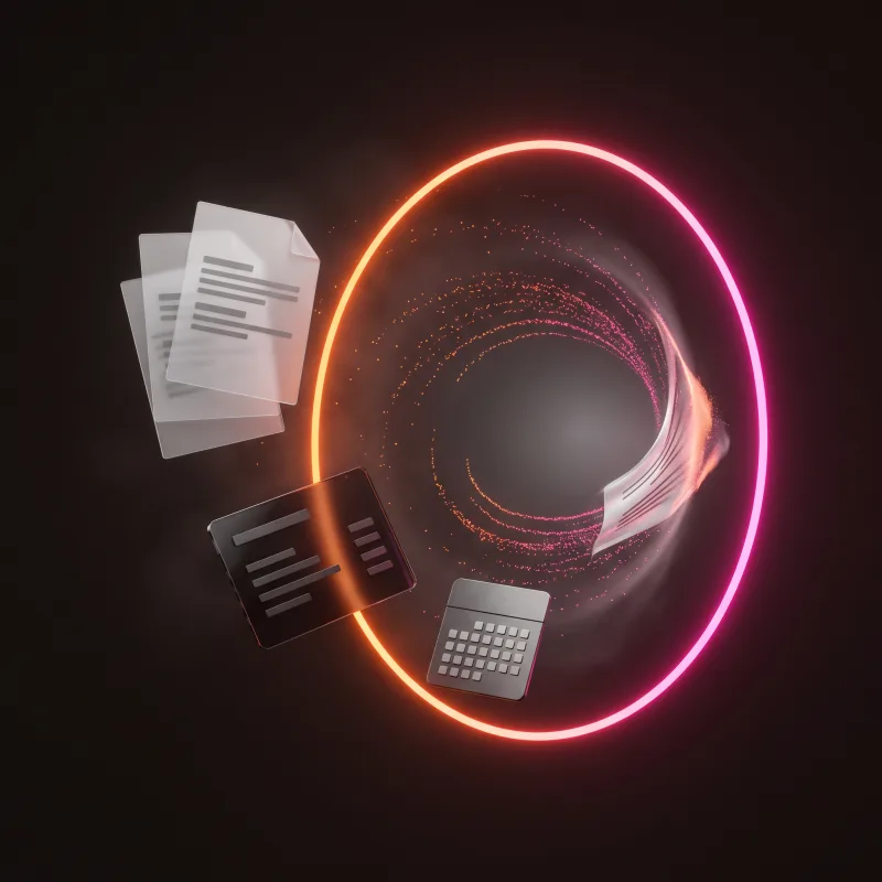 Documents, a price sheet and a calendar being drawn into a glowing ring