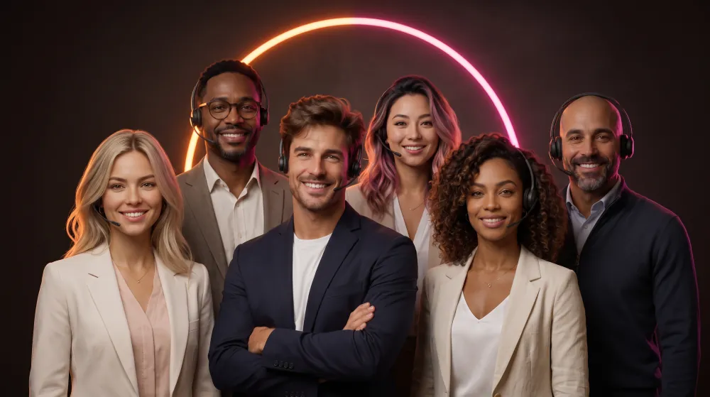 Six Hanc AI employees in headsets standing together under an orange and pink ring light
