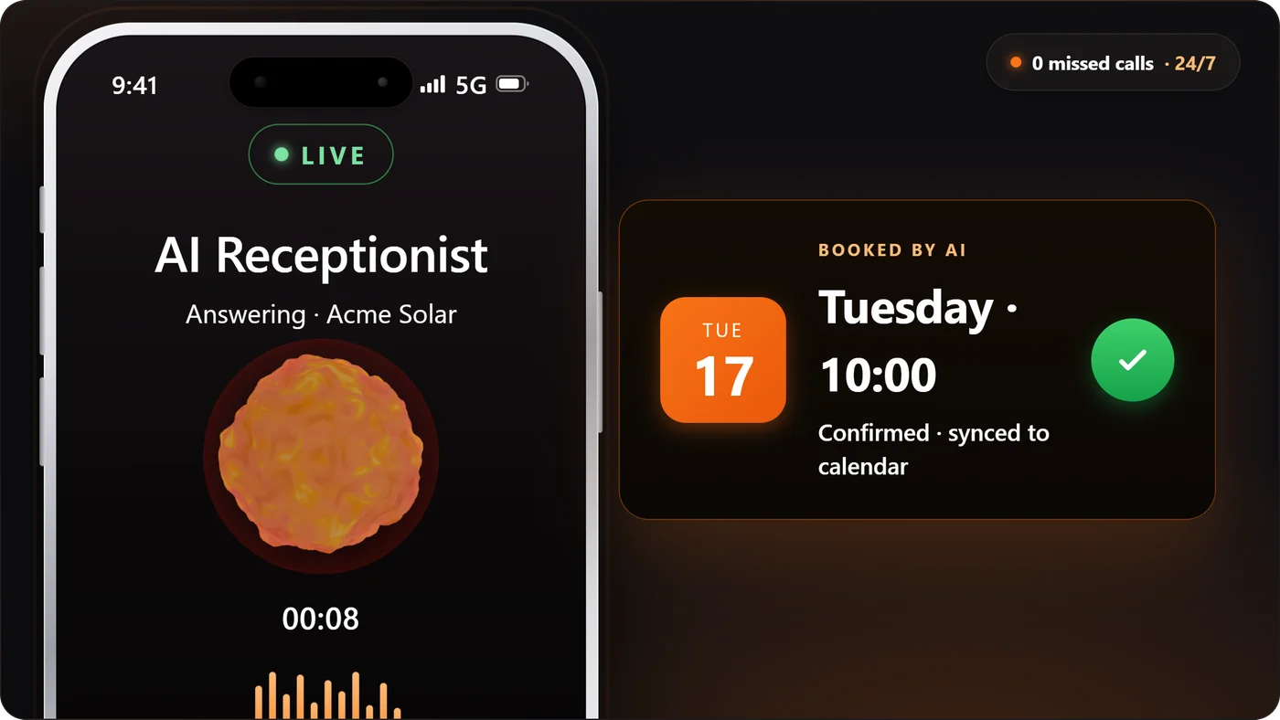 An AI receptionist answering a call, and the appointment it has just booked for Tuesday at 10:00