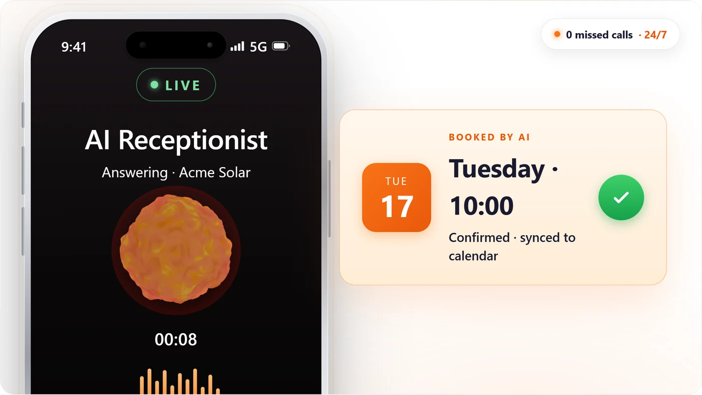 An AI receptionist answering a call, and the appointment it has just booked for Tuesday at 10:00