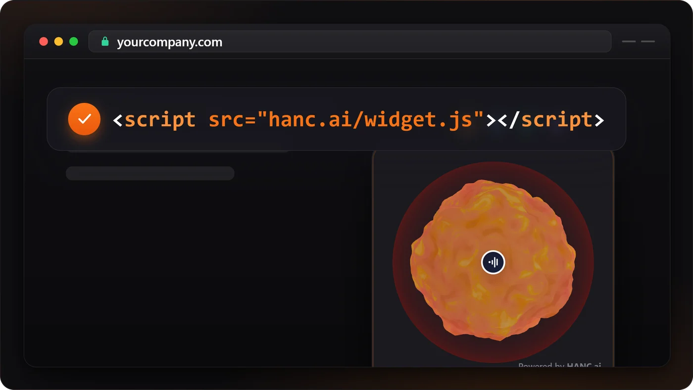 A website with one script tag added and the Hanc voice widget on the page: a round button the visitor presses to talk