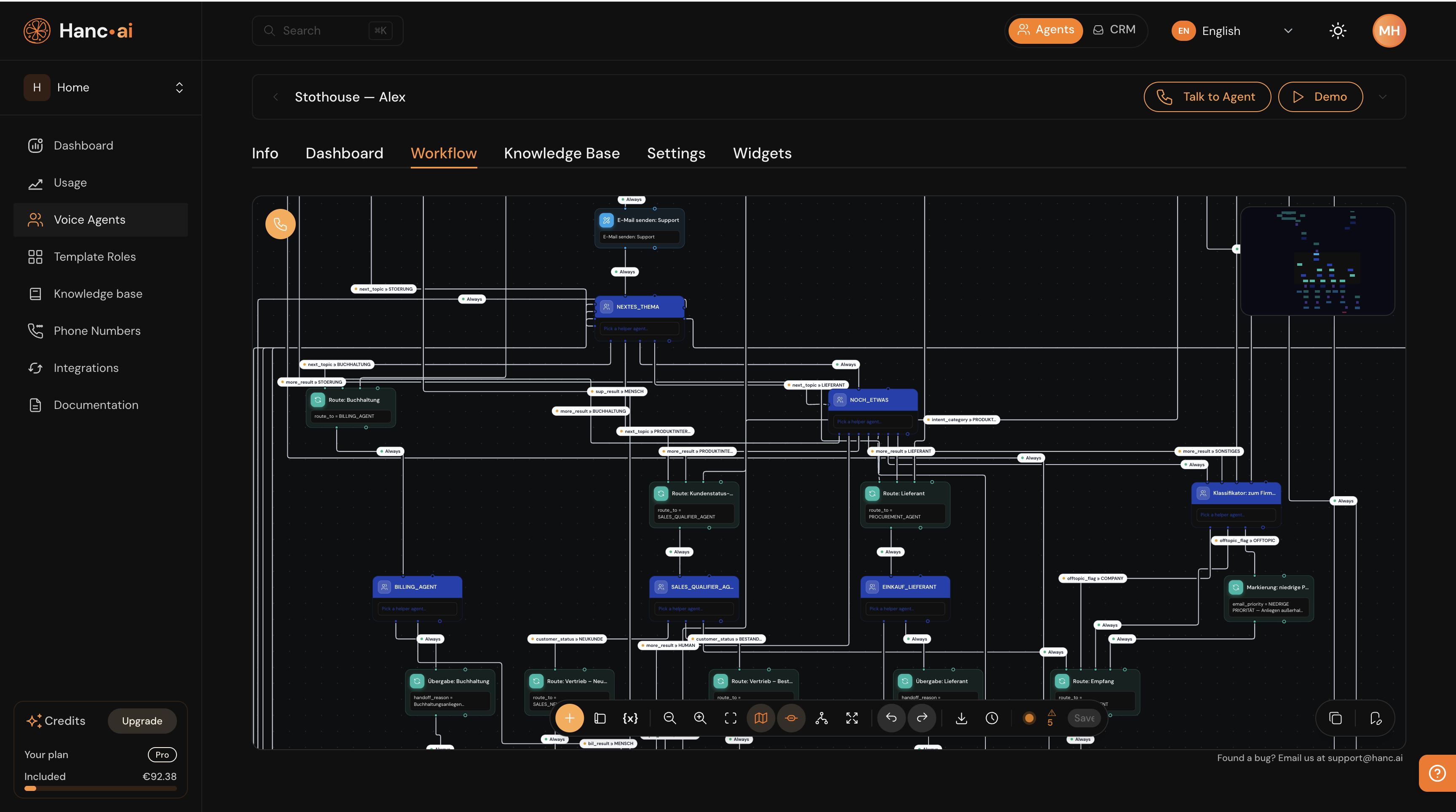 Visual workflow builder — a call flow on the canvas (dark theme)